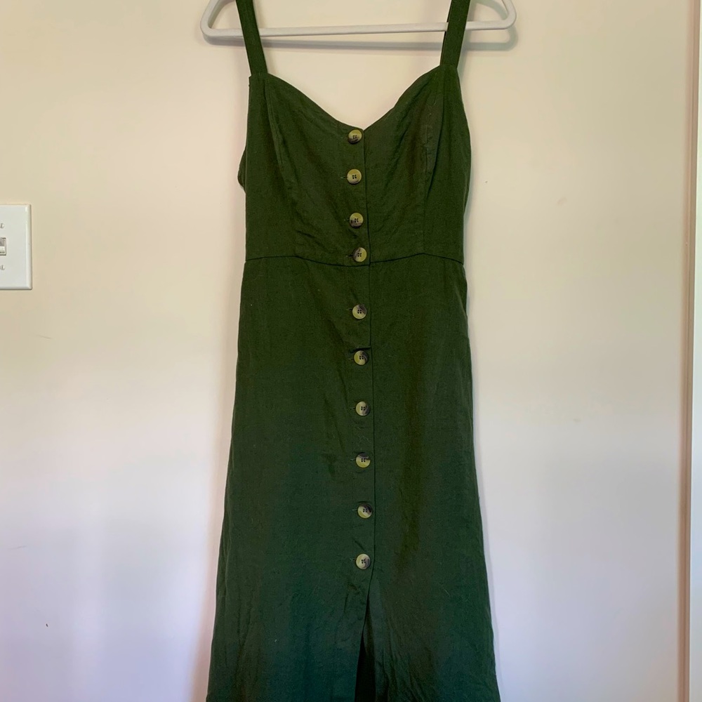 Army Green Buttoned Tie-Back Midi Dress, Size Large